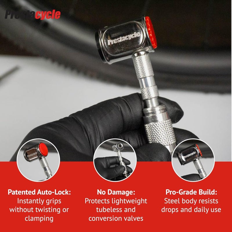 Prestacycle Pro Presta Head – Auto-Lock Bicycle Tire Pump Head for Tubeless & Presta Valves, 90° Steel Design, Presta Valve Pump, Presta Adapter, Compatible with Prestaflator Pro & Premium Floor Pumps - Image 4